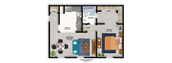 A floor plan of a one bedroom apartment.