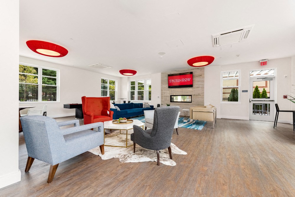lobby of station row with fireplace and lounge seating