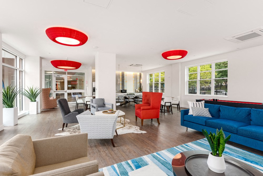 lobby of station row with fireplace and lounge seating