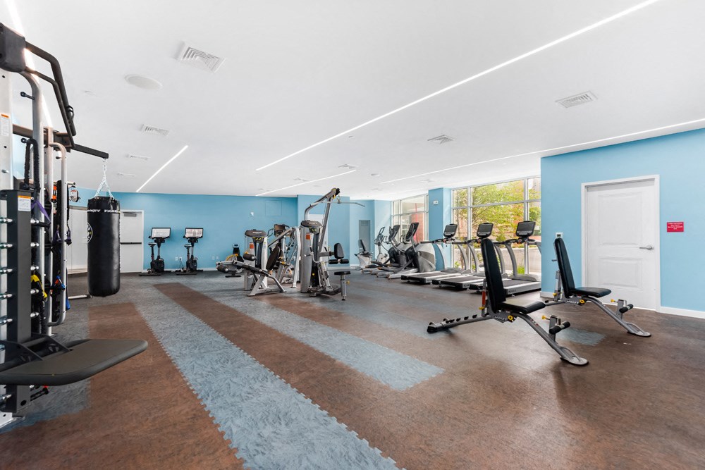 station row fitness center with benches, machines, cardio equipment