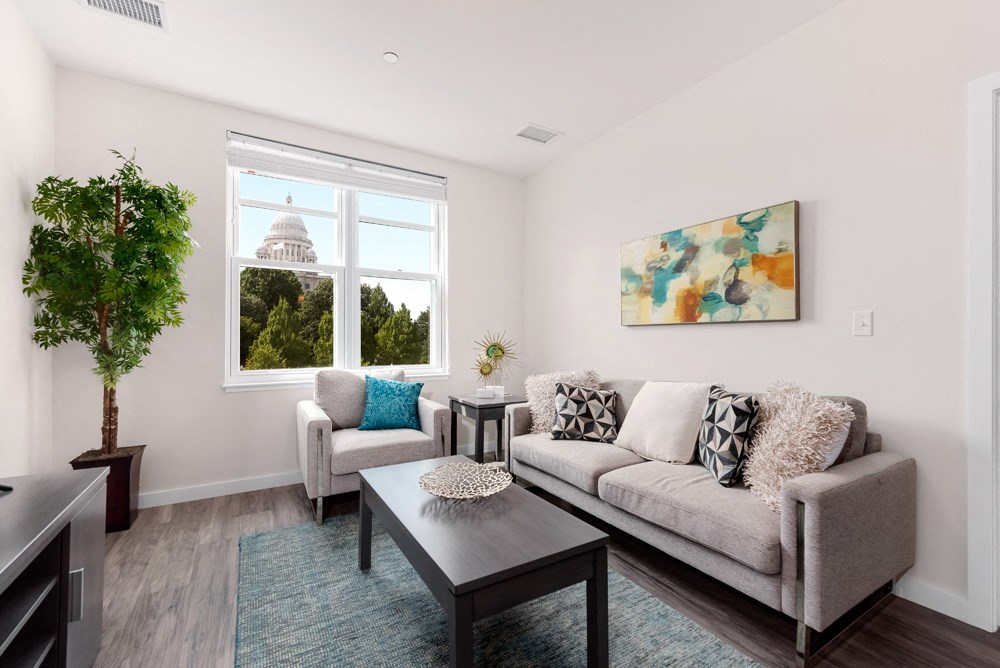 model apartment common space with large window