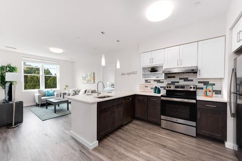Station Row Model apartment, stainless appliances and open kitchen