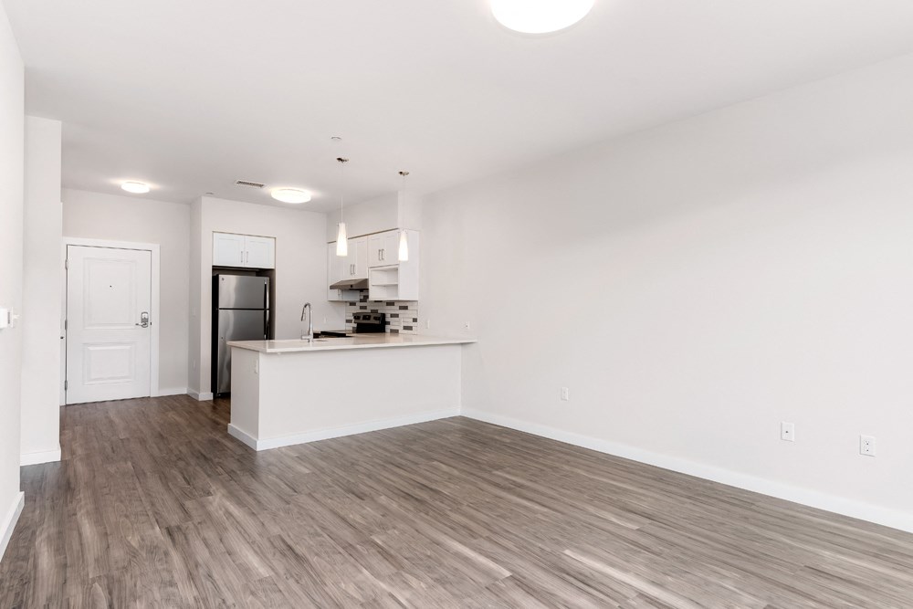 Station row one bedroom floor plan with open common space