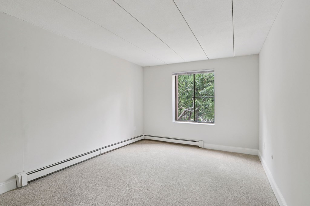 A room with a window and carpeted floor.