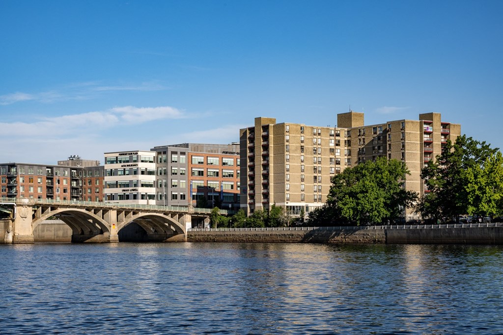 the atherton exterior from across the river