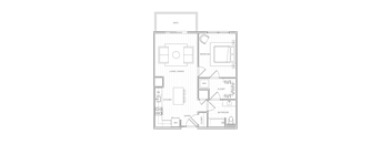 A floor plan of a house with a deck, living room, dining room, kitchen, and bathroom.