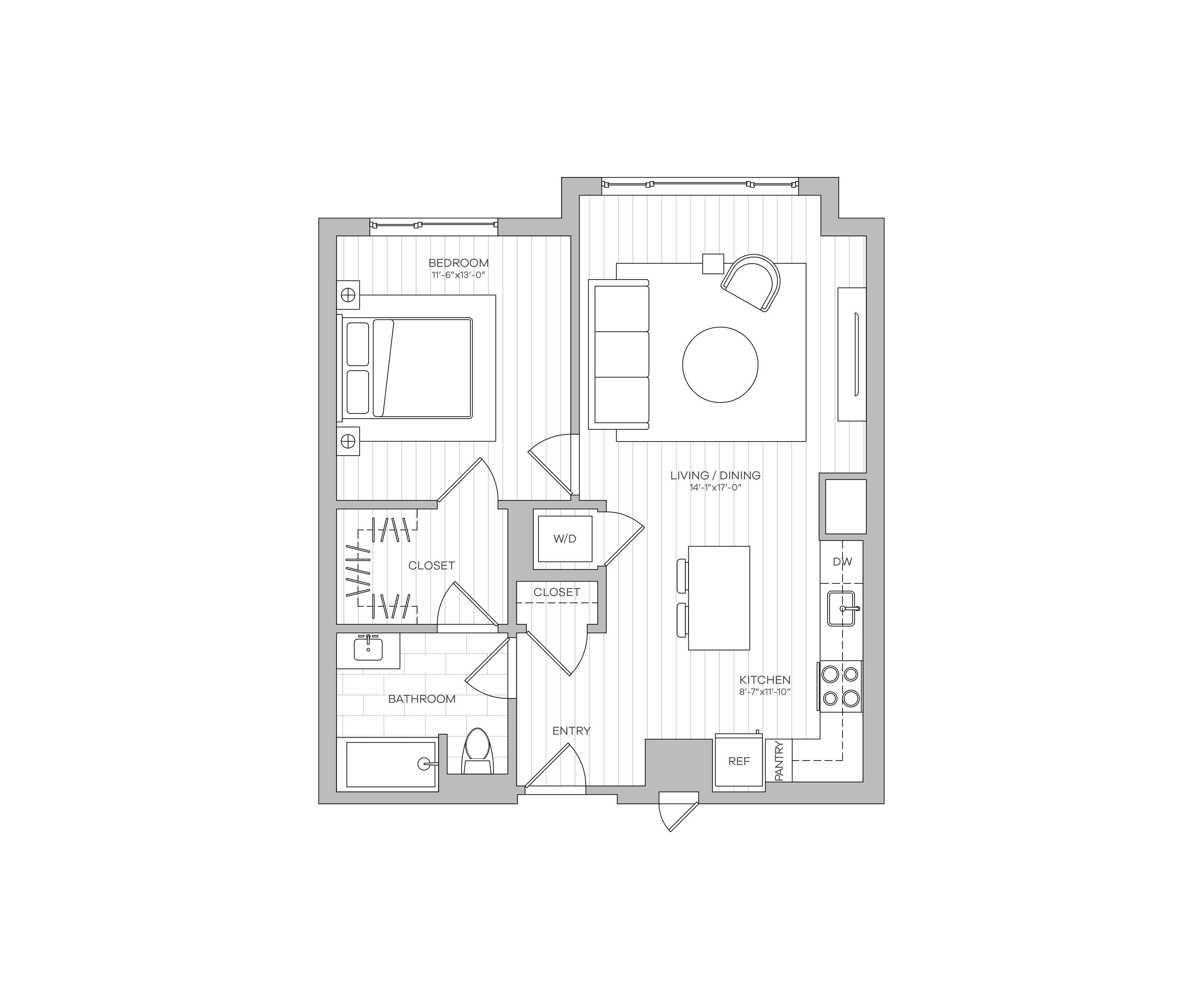 A floor plan of a house with a kitchen, living room, and two bedrooms.