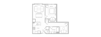 A floor plan of a house with a kitchen, living room, and bathroom.