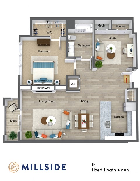 One Bedroom One Bathroom with Study and Balcony Deck