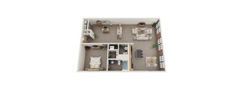 a one bedroom 1.5 bath floor plan with a living room and a dining room