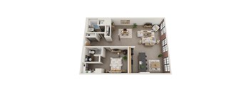 a one bedroom 1.5 bath floor plan with a living room and a dining room