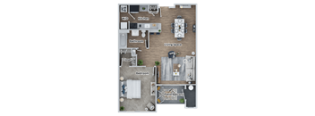 A floor plan of a home showing a living space, kitchen, bathroom, bedroom, and closet.