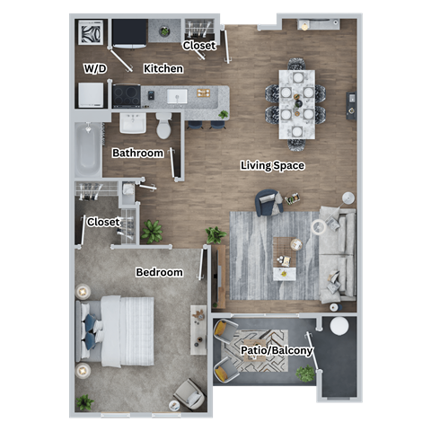 A floor plan of a home showing a living space, kitchen, bathroom, bedroom, and closet.