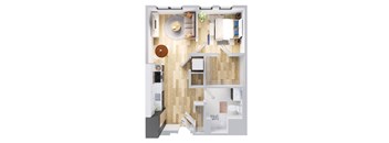 Duo one bedroom apartment floor plan with large closet, energy efficient appliances, and vinyl flooring.