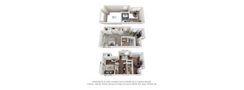 A 3D floor plan of a small apartment with a kitchen, living room, and bedroom.