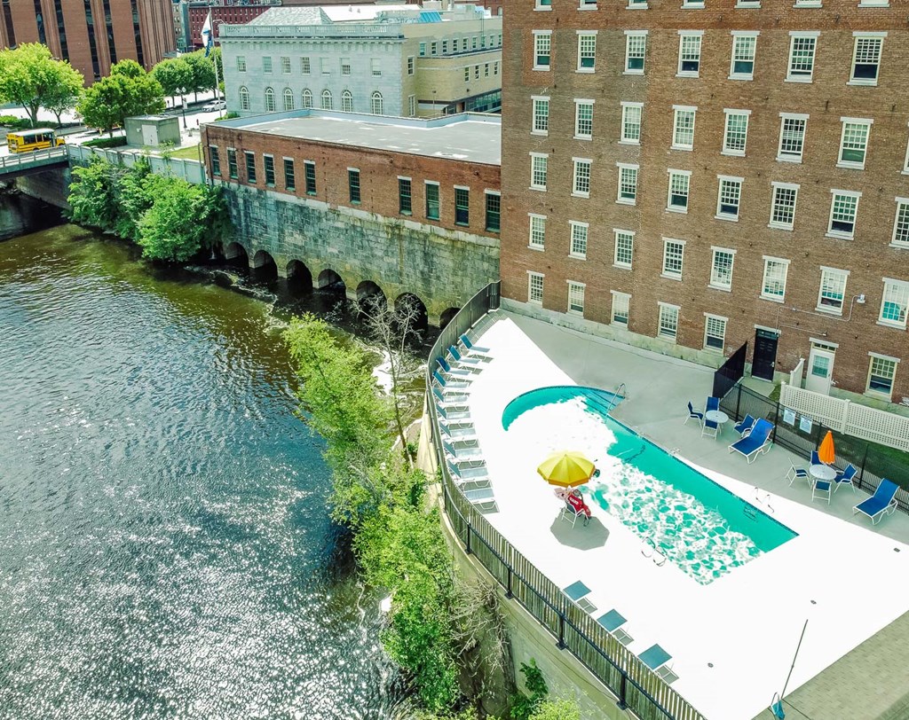 Mass Mills apartments in lowell pool overhanging the merrimack river