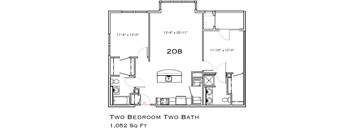 A floor plan for a 208 square foot two bedroom two bath home.