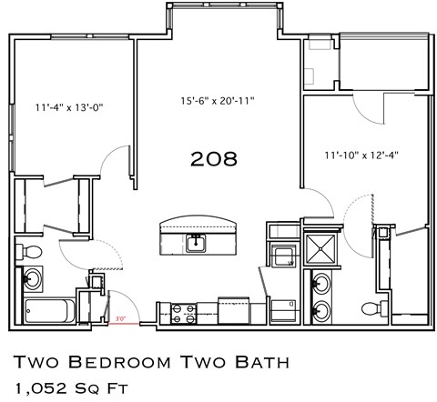 A floor plan for a 208 square foot two bedroom two bath home.