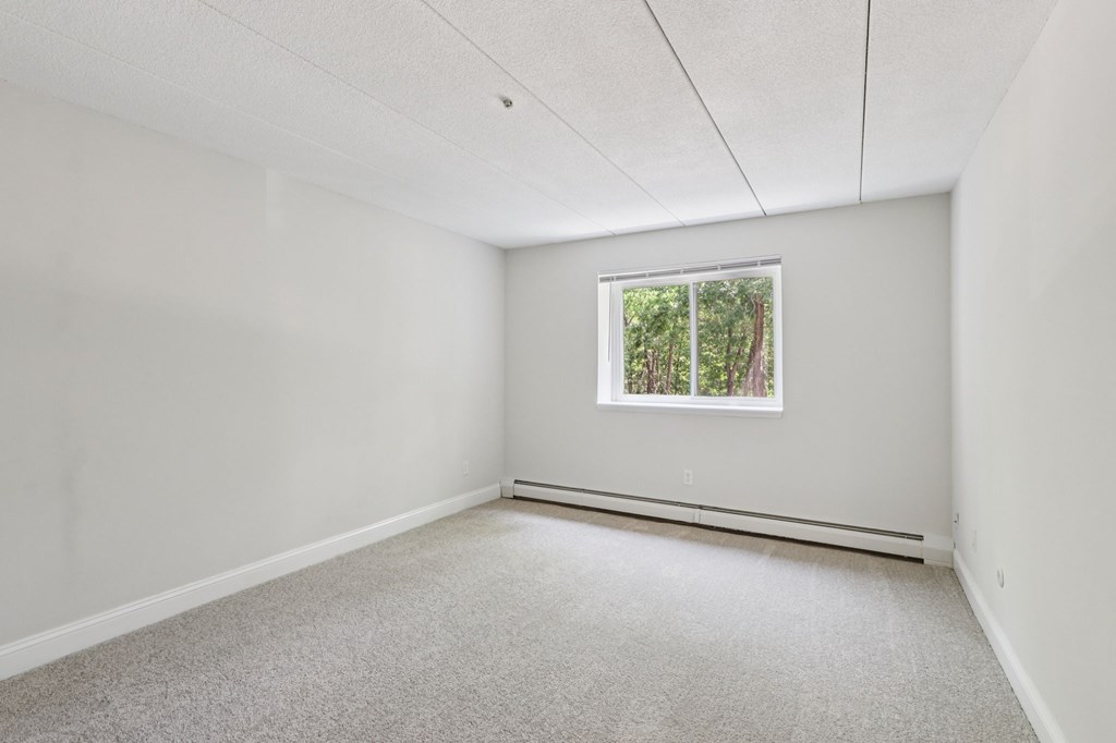 A room with a window and carpeted floor.
