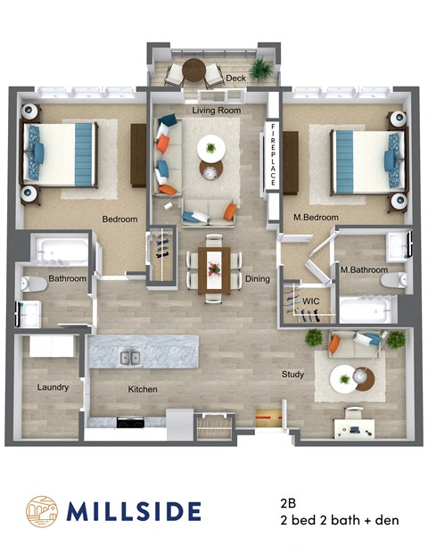 Millside Two Bedroom Two Bathroom with Study and Balcony Deck