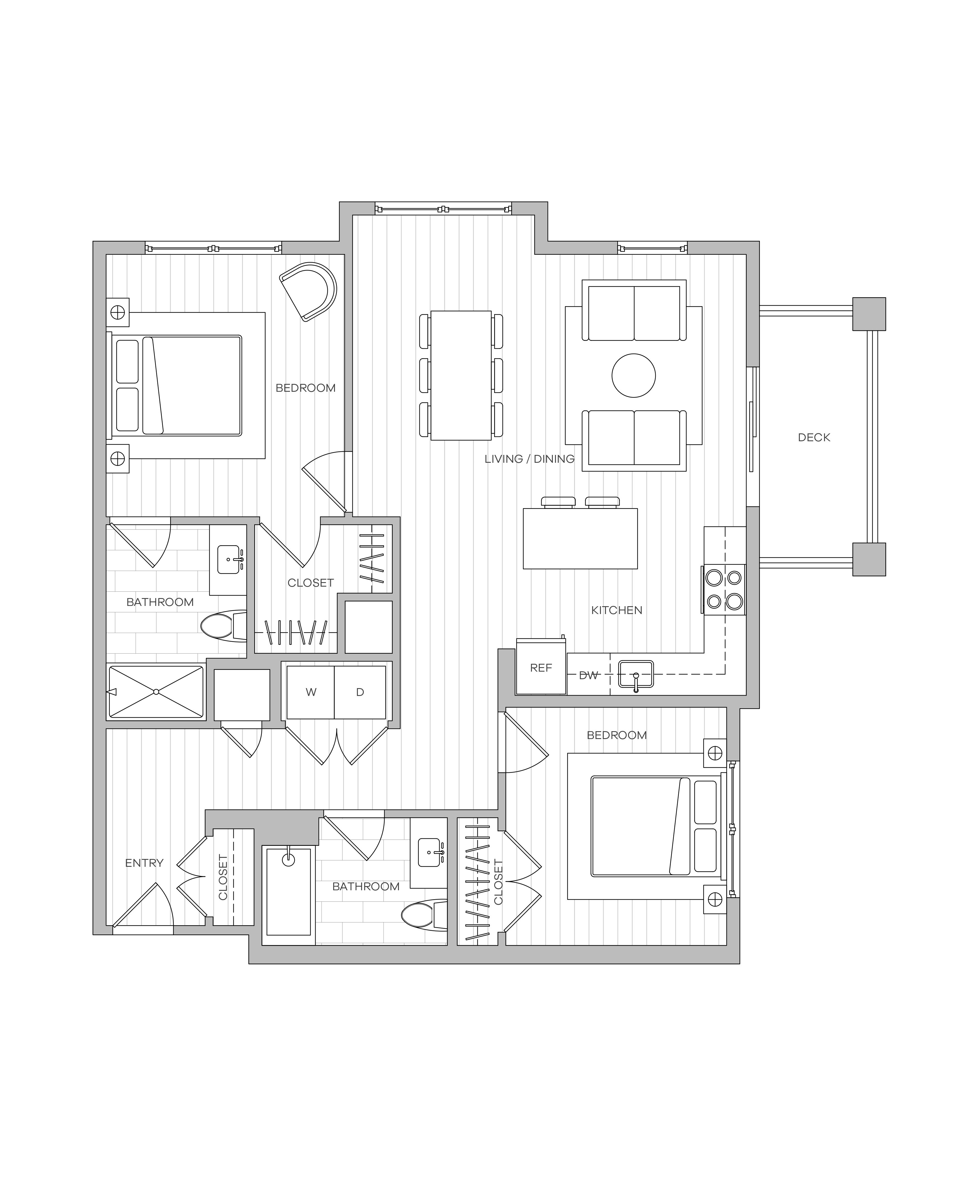 Two-bedroom floor plan image with two full baths, balcony, and combined living-dining space