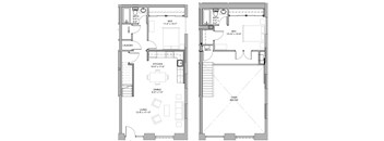 A floor plan of a two-bedroom apartment with a living room, kitchen, dining room, and laundry area.