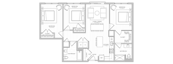 Three-bedroom floor plan with Juliette balcony image centered around a kitchen island with adjoining living and dining areas.