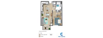 A floor plan of a one bedroom apartment with a living room, kitchen and bathroom.