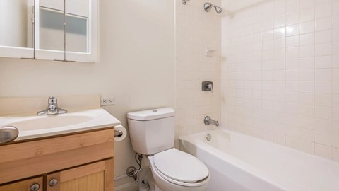 Bathroom with white tiled shower-tub combo, wood vanity, and medicine cabinet at 929 Mass Apartments.