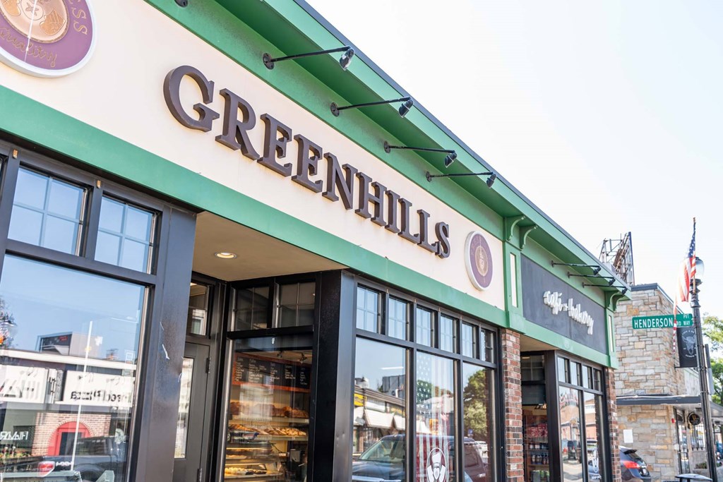 The exterior of a bakery named Green Hills.