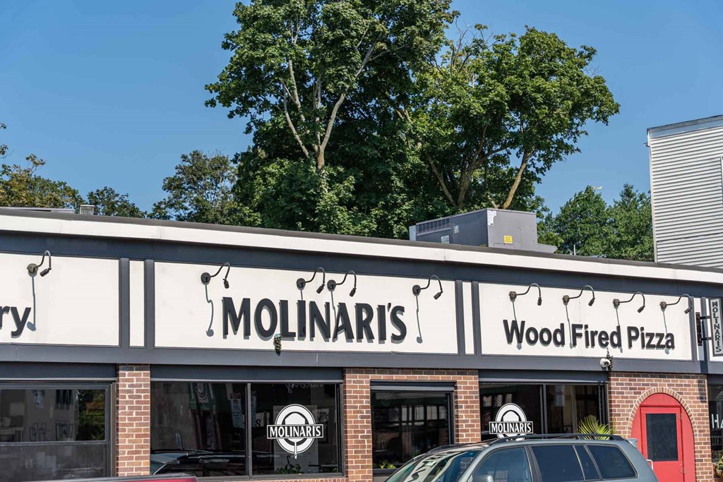A Molinaris wood fired pizza restaurant with a car parked in front.
