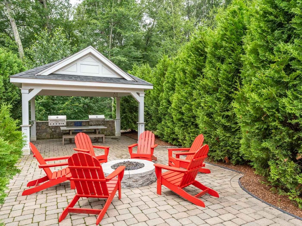 Grilling station surrounded by foliage and woods