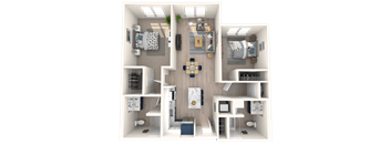 a 3d rendering of a floor plan with a bedroom and living room
