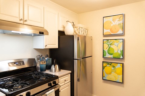 a kitchen with a stove and a refrigerator