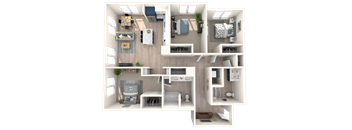 Three Bed Two Bath B 3D Floor Plan C1B