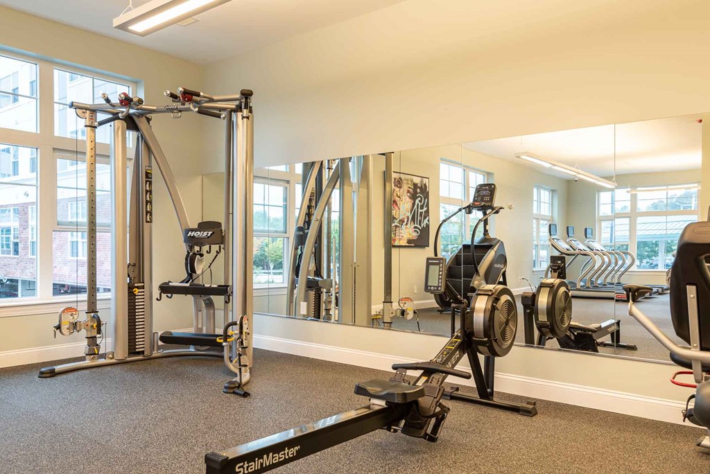 Fitness room at One Wall St in Attleboro