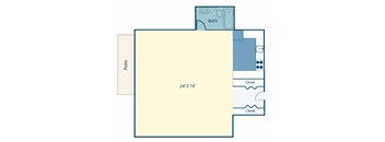 a lower level floor plan with a bedroom and a living room