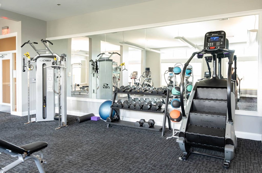 a gym with weights and other equipment in a building
