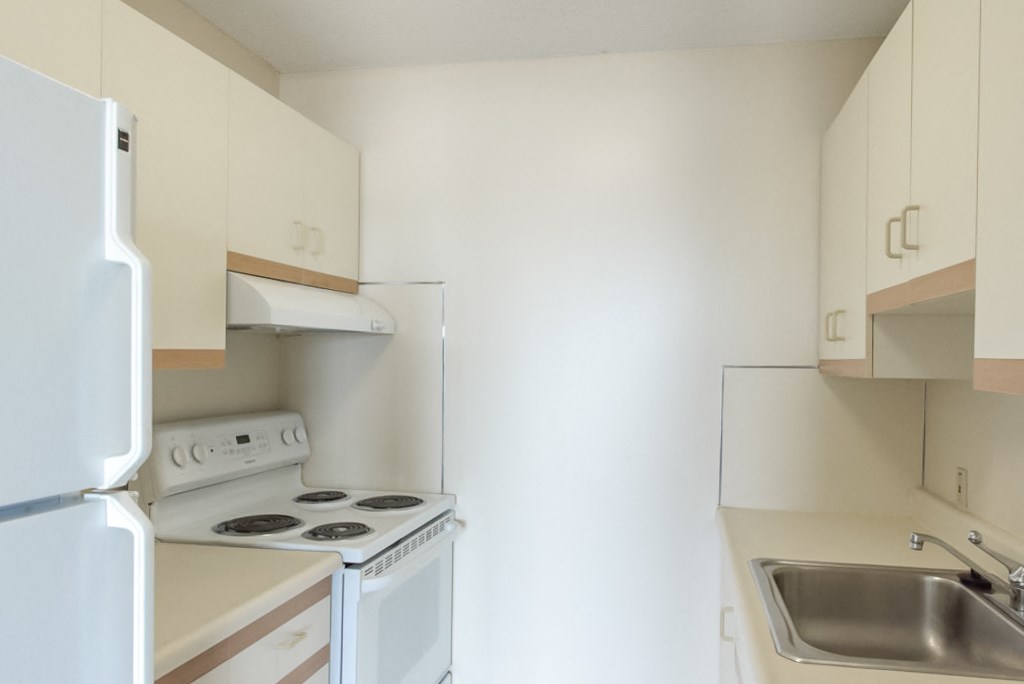 babcock tower apartment kitchen with range oven and fridge
