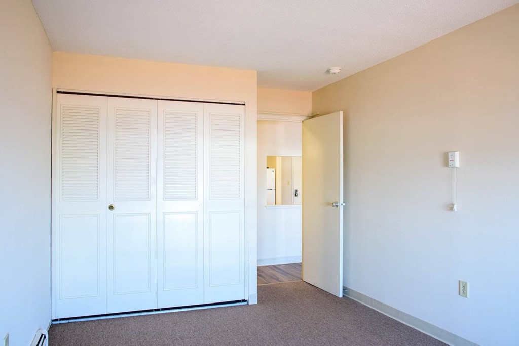 A room with a white door and a brown carpet.