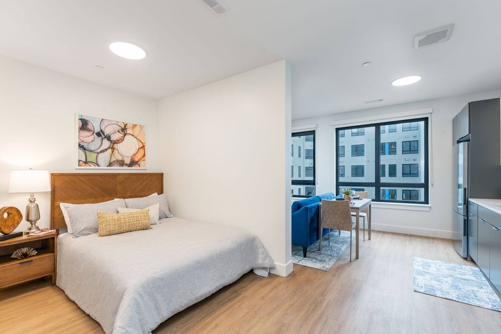 Studio apartment with seperated spaces for bed and dining