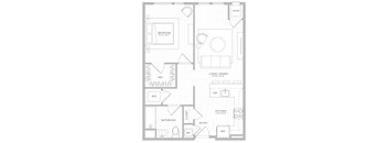 A floor plan of a home with a bedroom, bathroom, kitchen, living room, and a hallway.