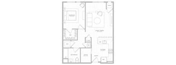 A floor plan of a house with a living room, kitchen, and bedrooms.