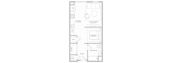 A floor plan of a small apartment with a kitchen, living room, sleeping area, bathroom, and entry.