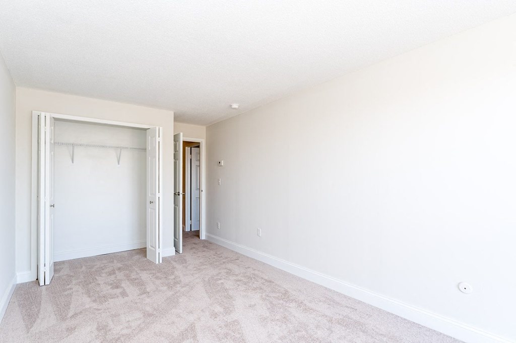 a bedroom with a closet and a closet door open