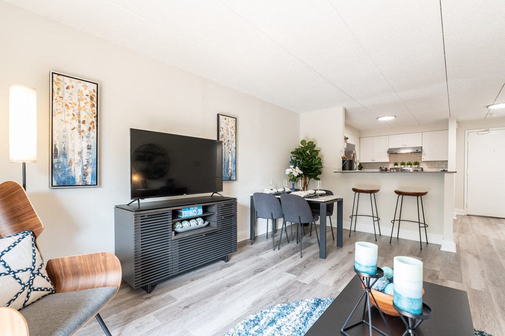 a living and dining area with a television and a kitchen in the background