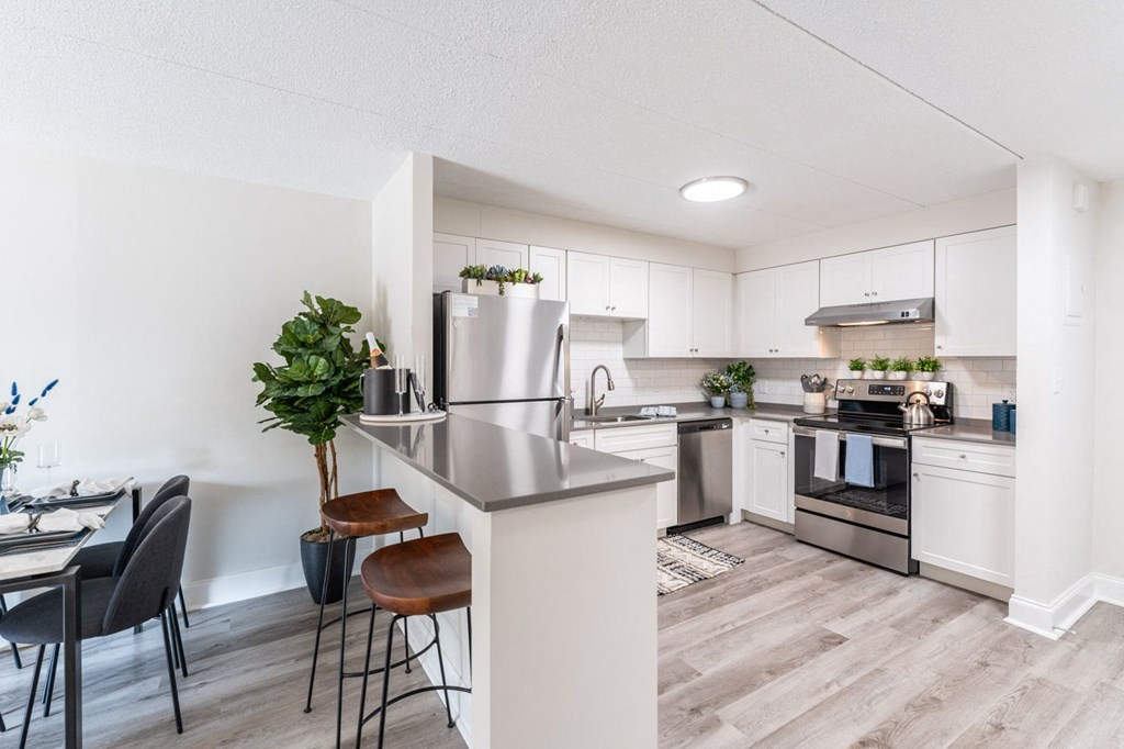 a kitchen and dining area in a 555 waverly unit