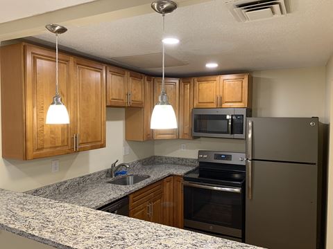 kitchen with granite countertops and new stainless steel appliances