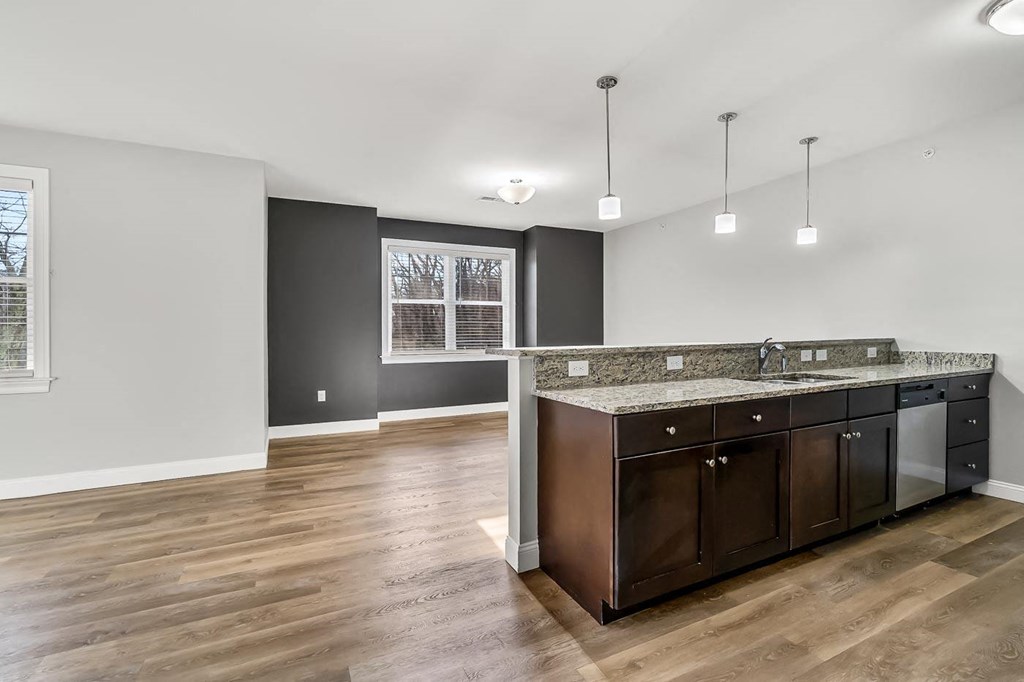 Ashland woods apartment large floor plan and kitchen including granite, stainless steel appliances and high quality finishes with accent wall