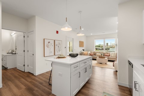 A modern kitchen with white cabinets and a wooden floor.